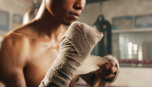Extreme close-up of a shirtless Asian boxer wrapping his hand with a textured beige cotton wrap, preparing for Muay Thai training in a dimly lit gym.