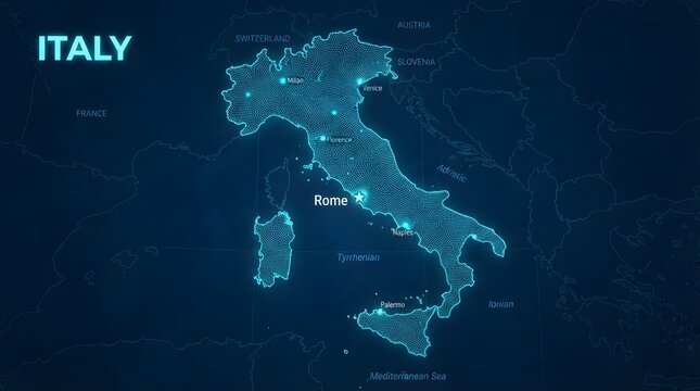 Italy map illustrated with glowing blue dots representing major cities and regions in a futuristic digital high tech style design