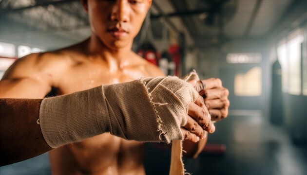 Close-up of a shirtless muscular Asian fighter wrapping his hand with beige cotton handwraps, preparing for a fight inside a traditional Muay Thai training camp.
