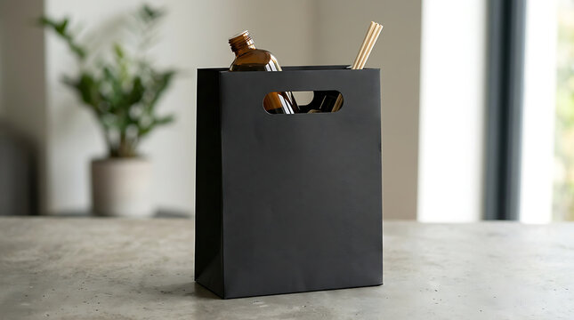 Minimalist black cigarette case mockup with wooden sticks on neutral workspace