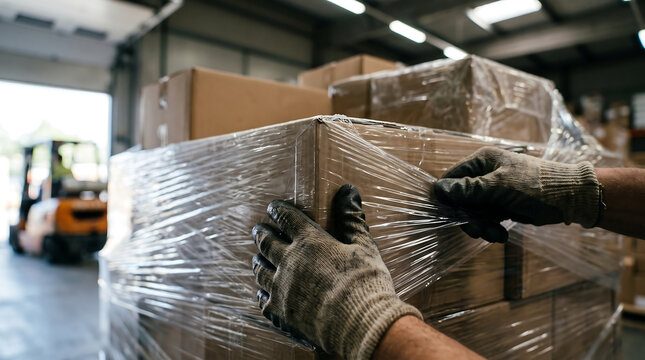 Worker hands in dirty knitted work gloves wrapping a pallet of stacked cardboard boxes with clear stretch film in a warehouse with an orange forklift in the background