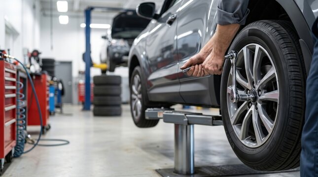 Mechanic hands tightening bolts with a wrench on a car raised on a lift in auto service, representing tire replacement, wheel maintenance, vehicle repair and professional garage work