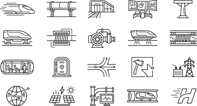 Set of hyperloop transportation and high speed vacuum tube transit black vector icons isolated on white background