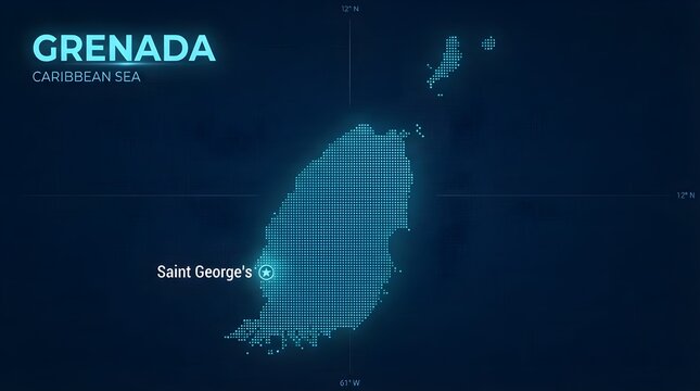 Grenada map illustration featuring a glowing blue dotted design with digital grid lines and Saint George capital city location marker