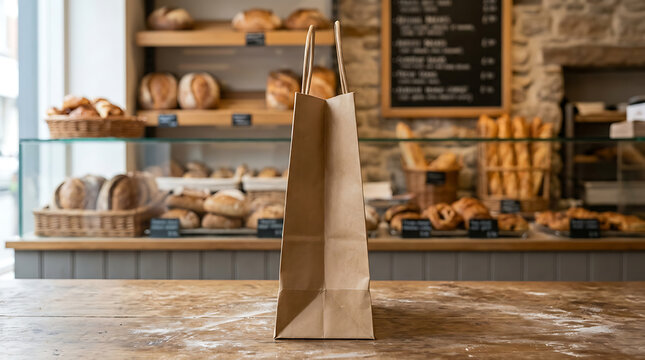 Minimalist brown paper bakery bag mockup with artisanal bread display background
