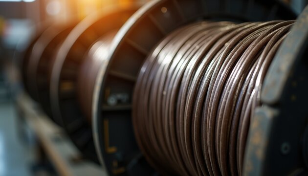 Close-up of coiled metal wire or cable spools in an industrial manufacturing facility with warm golden lighting and blurred equipment in the background.
