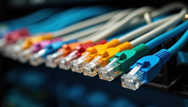 Colorful Ethernet network cables with RJ45 connectors arranged in rows. Multiple cables in blue, yellow, green, and red sit connected to server infrastructure against a dark background.