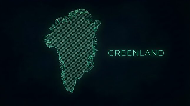 Greenland map illustrated with vibrant glowing cyan lines set against a deep dark background creating a modern digital art aesthetic