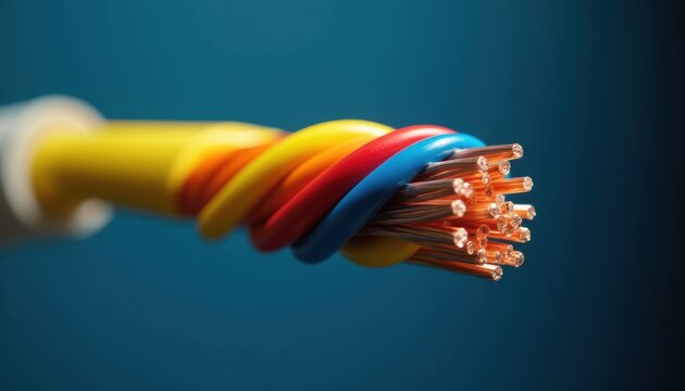 Colorful electrical cable with exposed copper wires against a deep teal background. Multiple insulated conductors in yellow, orange, red, and blue are stripped at the end to reveal shiny copper...