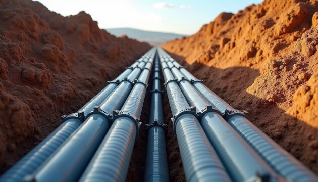 Industrial metal pipes laid in a deep trench through arid desert terrain with red earth walls and distant mountains under clear blue sky. The pipeline extends toward the horizon in a symmetrical...