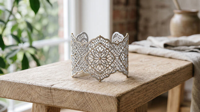 Cuff bracelet made of white lace sits centrally upon a rustic wooden bench inside a sunlit room.