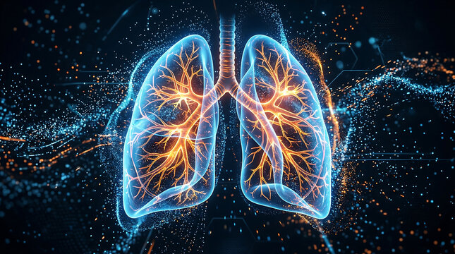 Digital illustration of human lungs with glowing bronchial tree structure on a dark abstract technological background