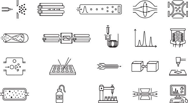 Set of mass spectrometry and analytical instrument equipment black vector icons isolated on white background