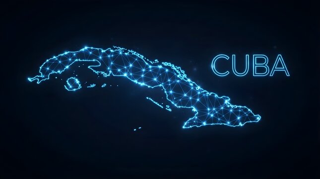 Cuba map represented by glowing blue digital constellation lines and dots connected in a modern futuristic network on dark background