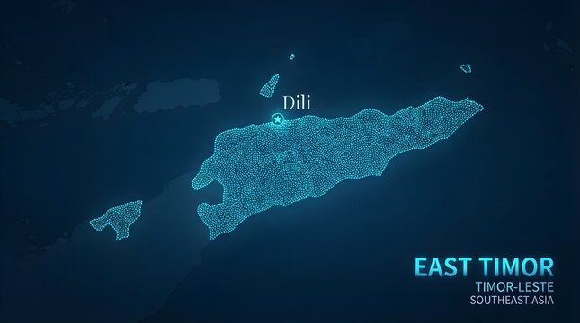 Timor Leste map illustration featuring vibrant blue glowing dots and the capital city Dili highlighted with a bright star symbol