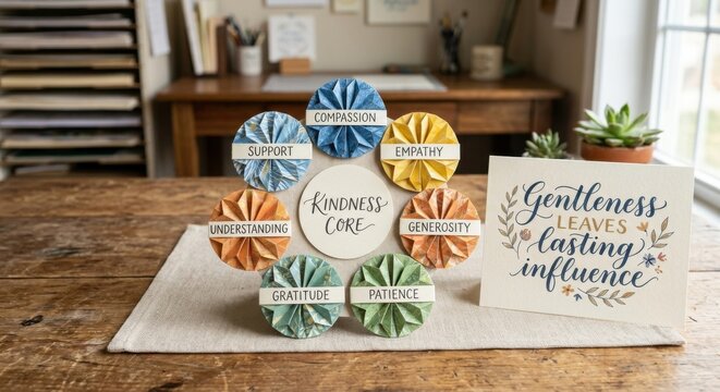 Set of Folded Paper Circles Displaying Virtues Around a Central 'Kindness Core'