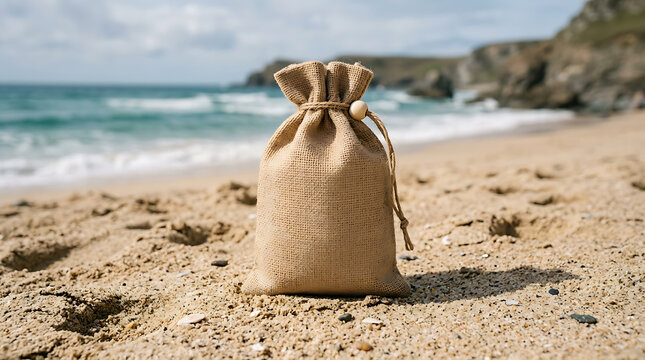 Burlap sack on sandy beach with ocean waves background for packaging mockup
