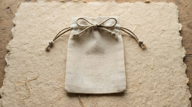 Minimalist white organza drawstring pouch mockup on textured paper background