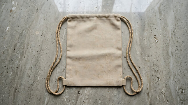 Minimalist beige drawstring pouch mockup on neutral wooden surface for product photography