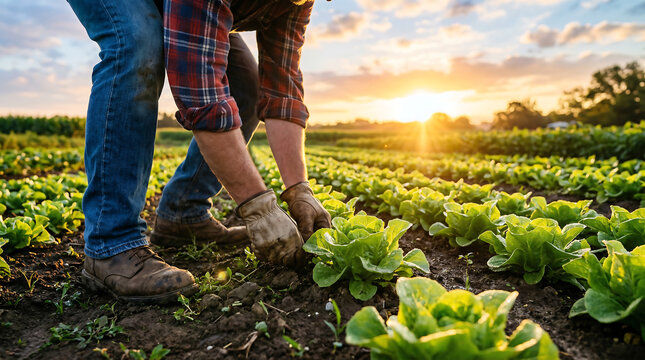 Farmer working in a lettuce field during golden hour sunset
