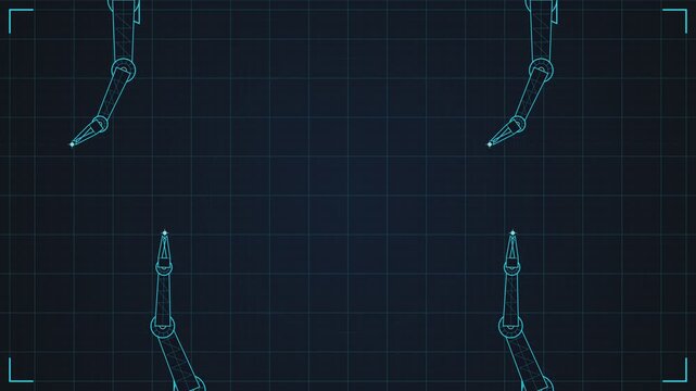Digital robotic arms schematic animation on dark blue background