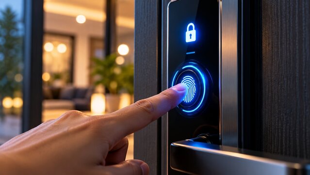 Hand scanning fingerprint on smart door lock sensor for biometric home security access
