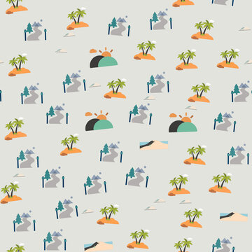 Seamless pattern of tropical islands and mountain landscapes