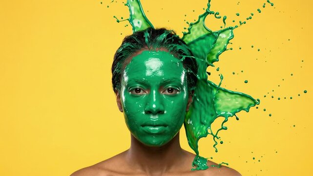 Vibrant green paint splashes across a person's face in a dynamic studio shot. A striking visual of bright green liquid exploding around a person's head against a vivid yellow backdrop