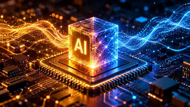 Artificial intelligence AI microchip processor on circuit board with glowing data waves 3d render