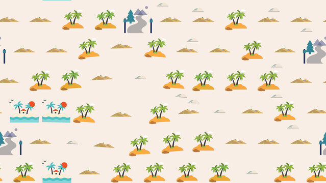 Tropical island pattern with palm trees and hills