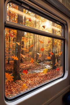 Autumn forest view through train window with falling leaves and warm golden sunlight