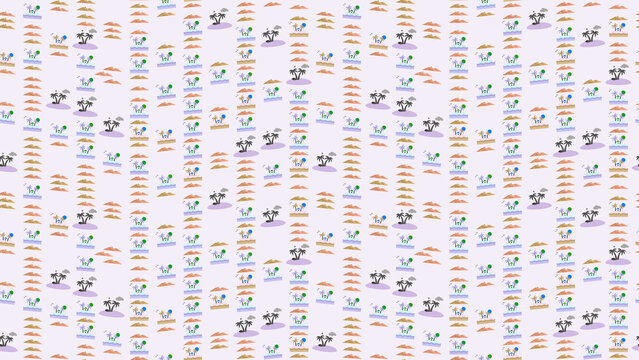 Tropical Island Pattern with Palm Trees and Mountains