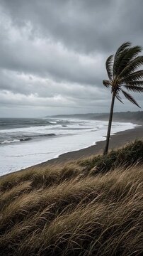 Stormy Beach Landscape with Dark Clouds and Swaying Palm Tree by the Ocean