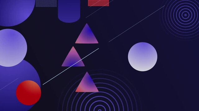 Abstract geometric background with glowing triangles circles lines and spiral rings gradient backdrop animation