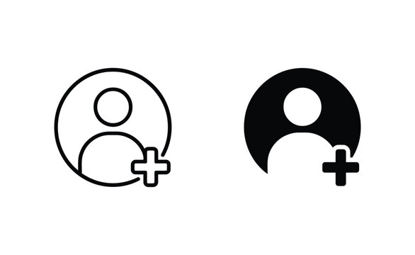 User account add icons in solid and outline style with plus person