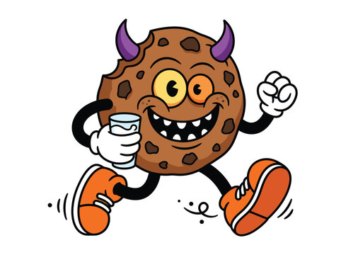 Funny cartoon chocolate chip cookie monster character running with a glass of milk