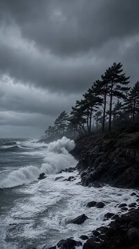 Stormy Coastal Scene with Dark Clouds and Pine Trees Silhouetted Against Turbulent Waves