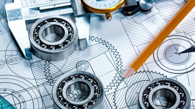 A dynamic clip showcasing engineering tools like calipers, ball bearings, and a pencil on a blueprint with technical drawings, capturing a detailed and precise view of mechanical design 