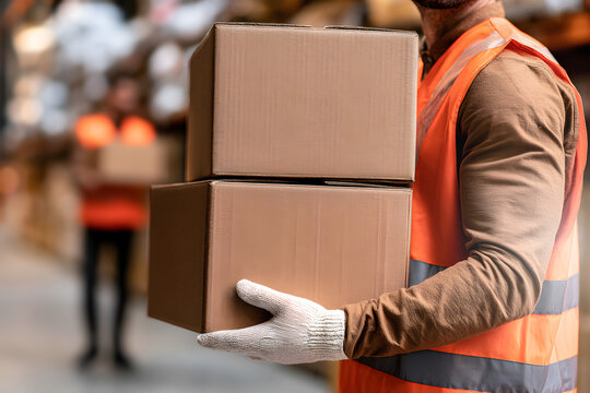 close up shot of a warehouse worker carrying stacked cardboard boxes indoors during daytime shift to demonstrate package logistics, inventory stock management, and supply chain distribution work