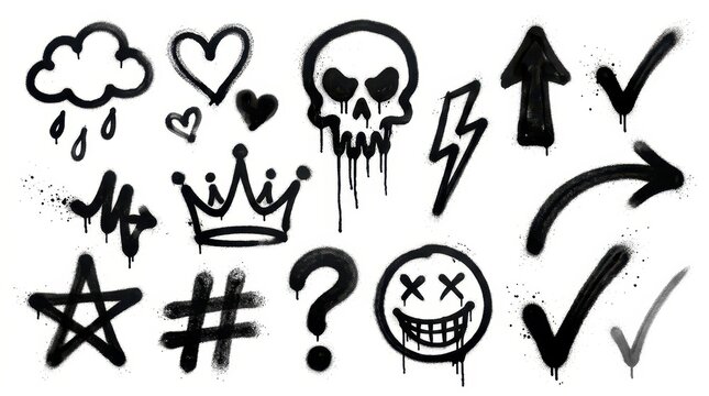 Collection of Black Spray Paint Graffiti Symbols and Icons Isolated on White Background for Urban Street Art Design