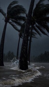 Stormy Landscape with Palm Trees Bending in Strong Winds and Rain During Dark Night