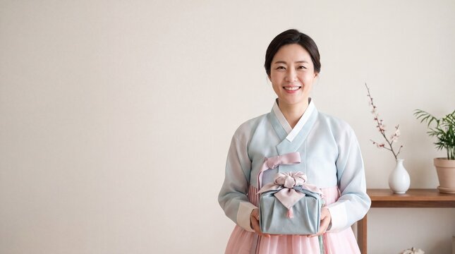 Smiling Korean woman in pastel hanbok holding a wrapped bojagi gift in a bright modern home, Seollal holiday gift concept with copy space