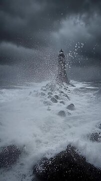 Stormy Ocean Landscape with Crashing Waves and Lighthouse Under Ominous Clouds