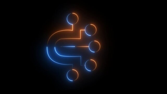 Glowing neon technology circuit computer circuit board elements Digital transformation icon animation. Blue and orange color  line icon animation on black background. 4k video.