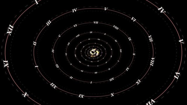 Infinite tunnel with roman numeral clock faces on dark background numerals