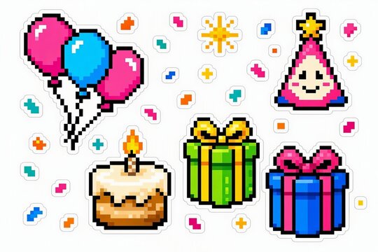 Retro pixel art style birthday icons balloons, gifts and Y2K style celebration elements