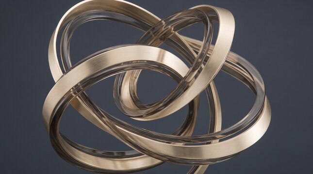 Abstract metallic golden rings intertwined with transparent glass tubes forming complex geometric shapes against dark background