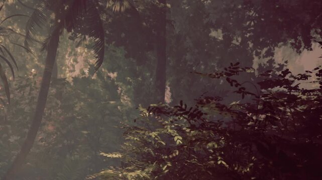 Golden sunlight filters through the thick canopy, casting a warm glow on vibrant green leaves. The tranquil atmosphere invites exploration in this serene forest setting.
