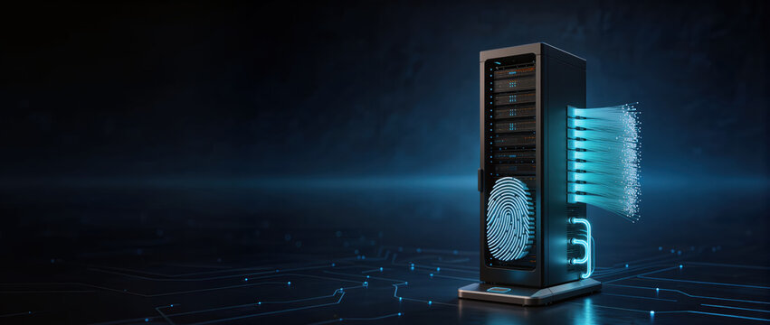 Cybersecurity server tower with glowing fingerprint access in dark digital network environment