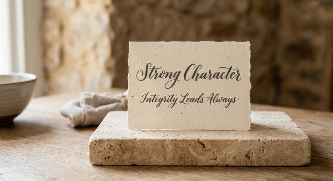 Card with Strong Character Integrity Leads Always quote resting on stone block